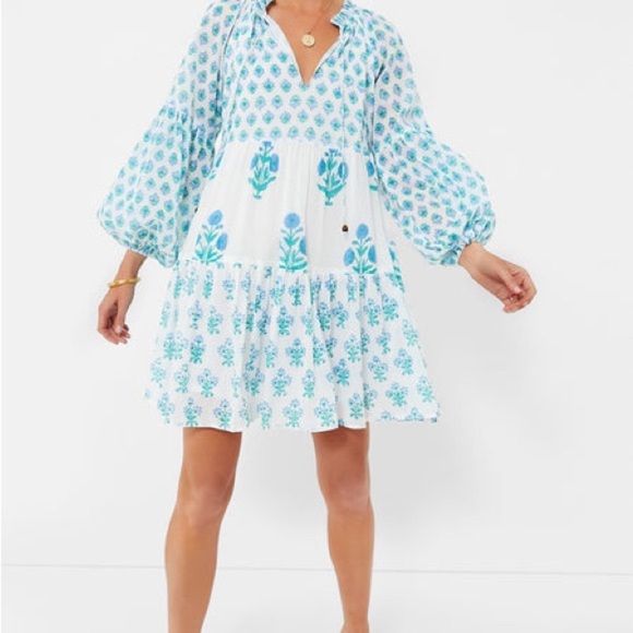 OLIPHANT
Exclusive Blue Floral Balloon Sleeve Short Mini Dress
 Women's Large - Picture 2 of 11